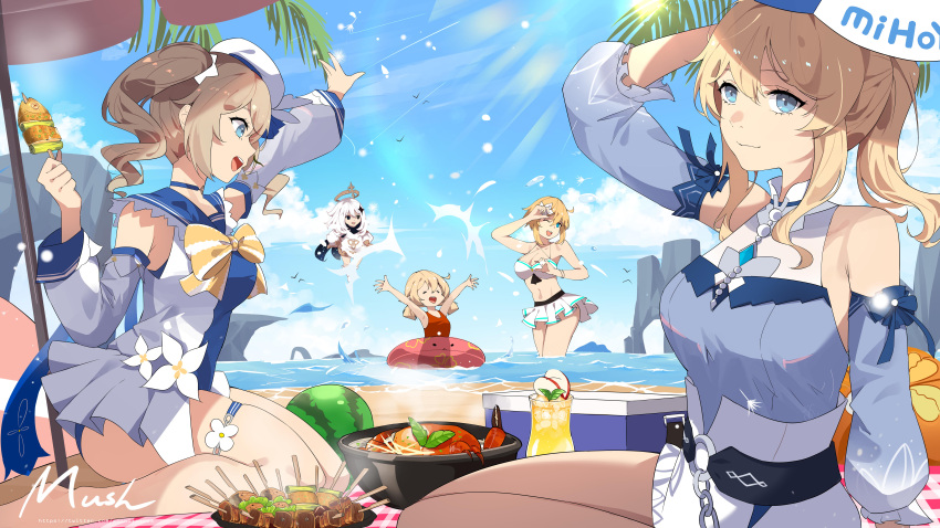 5girls, ;d, ^_^, ^o^, absurdres, ahoge, alternate_costume, arms_up