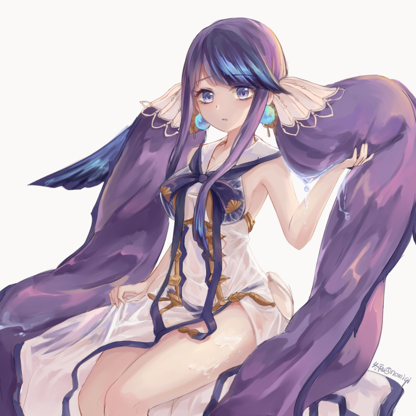 1girl, bikini, blue_eyes, blue_hair, blush, dress, earrings, fins