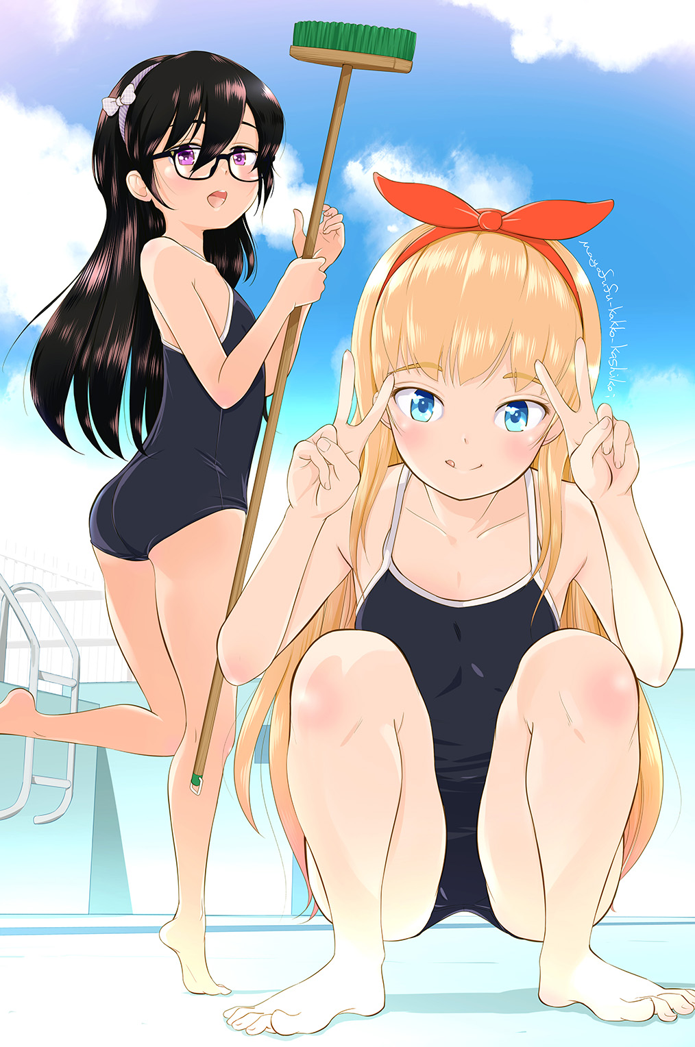 2girls, :q, ass, bangs, bare_arms, bare_legs, bare_shoulders, barefoot