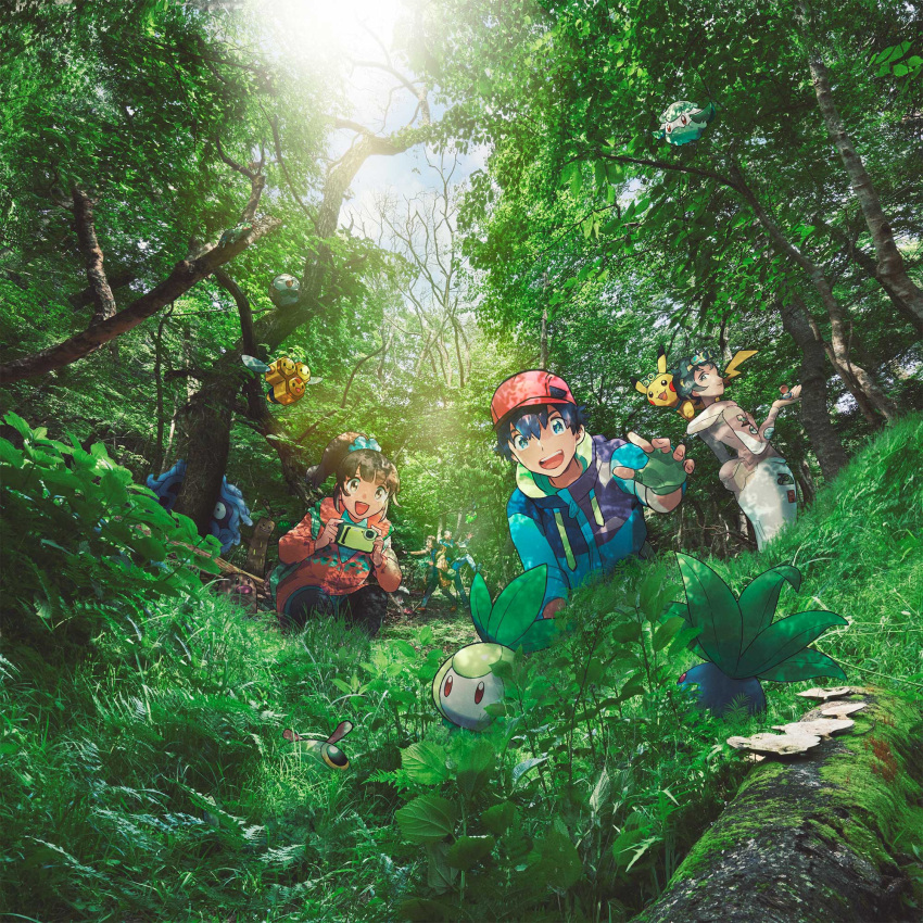 2boys, 3girls, aqua_jacket, aqua_scrunchie, backpack, bag, bangs, beak
