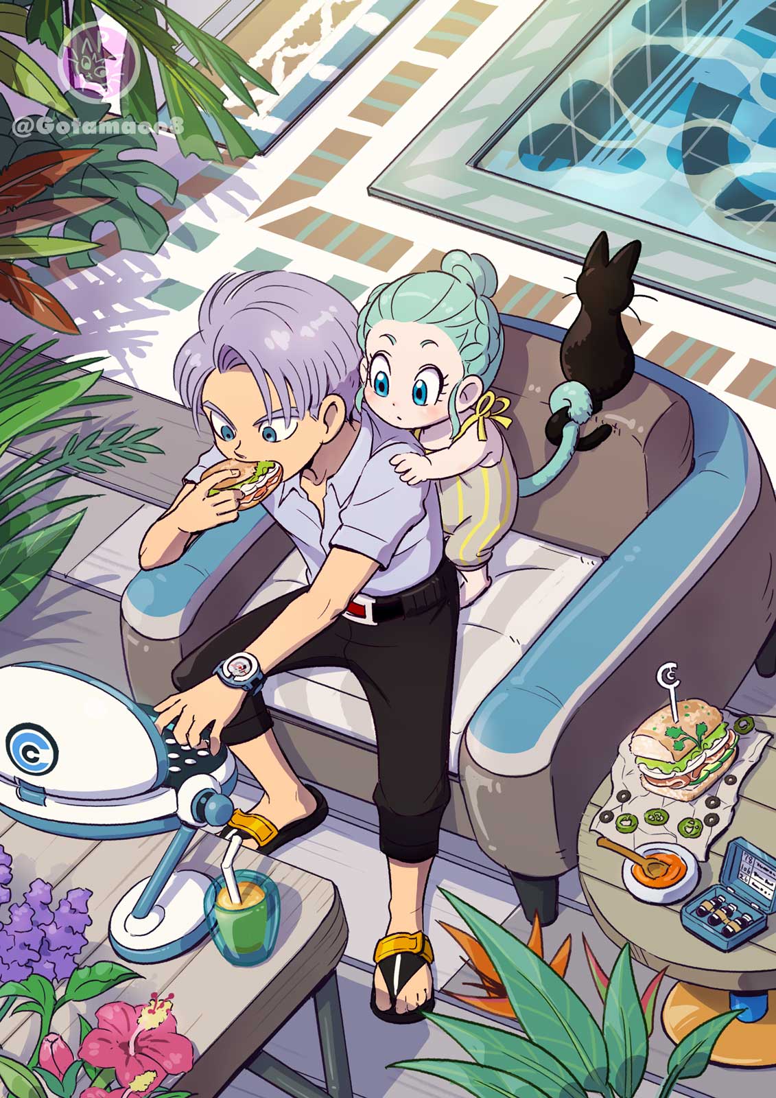 1boy, 1girl, age_difference, animal, aqua_hair, armchair, belt, black_belt
