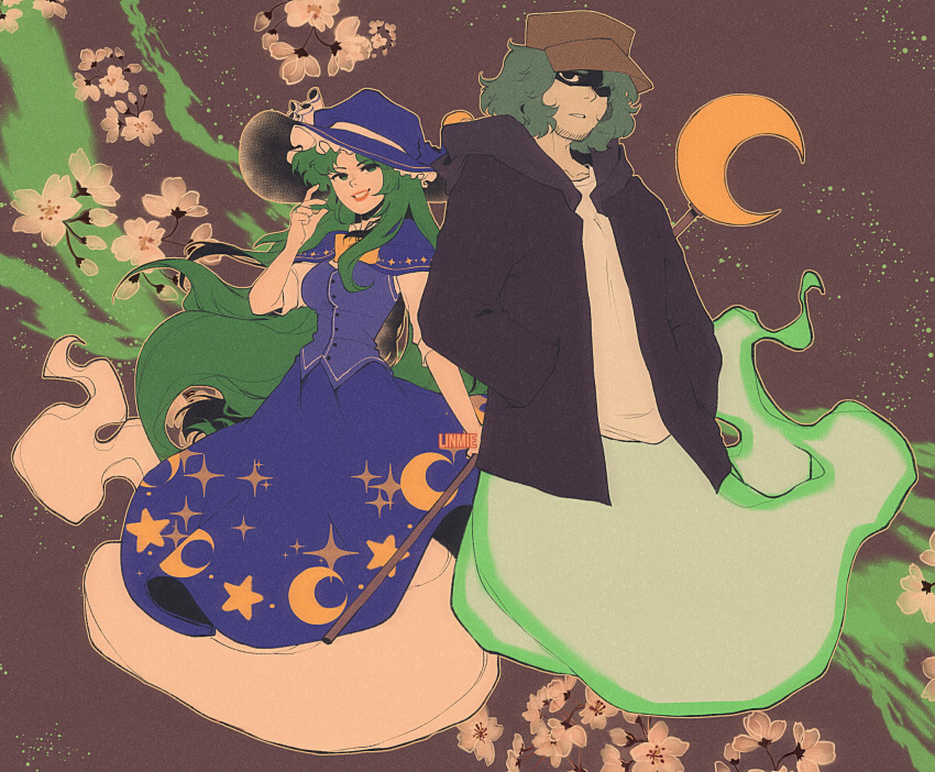 1boy, 1girl, absurdres, black_eyes, blue_capelet, blue_dress, blue_headwear, bow