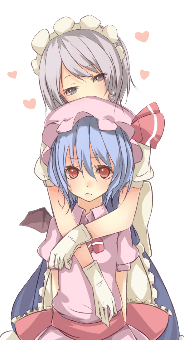 bat_wings, blue_eyes, blue_hair, braid, gloves, heart, hug, izayoi_sakuya