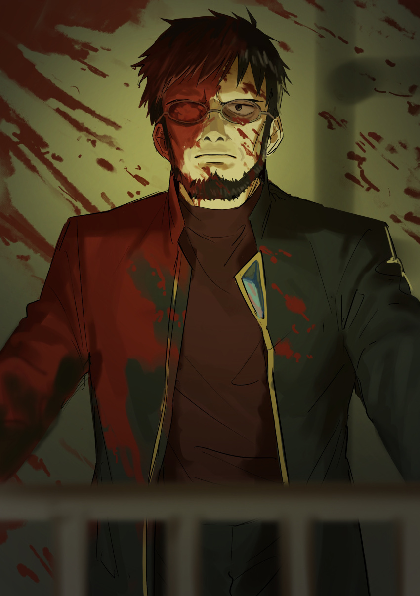 1boy, absurdres, bear, black_eyes, black_hair, black_jacket, blood, blood_on_face, blood_splatter, blurry, blurry_foreground, closed_mouth, frown, glasses, highres, ikari_gendou, jacket, kusarebon, long_sleeves, male_focus, neon_genesis_evangelion, open_clothes, open_jacket, red_shirt, shiny, shiny_hair, shirt, short_hair, solo