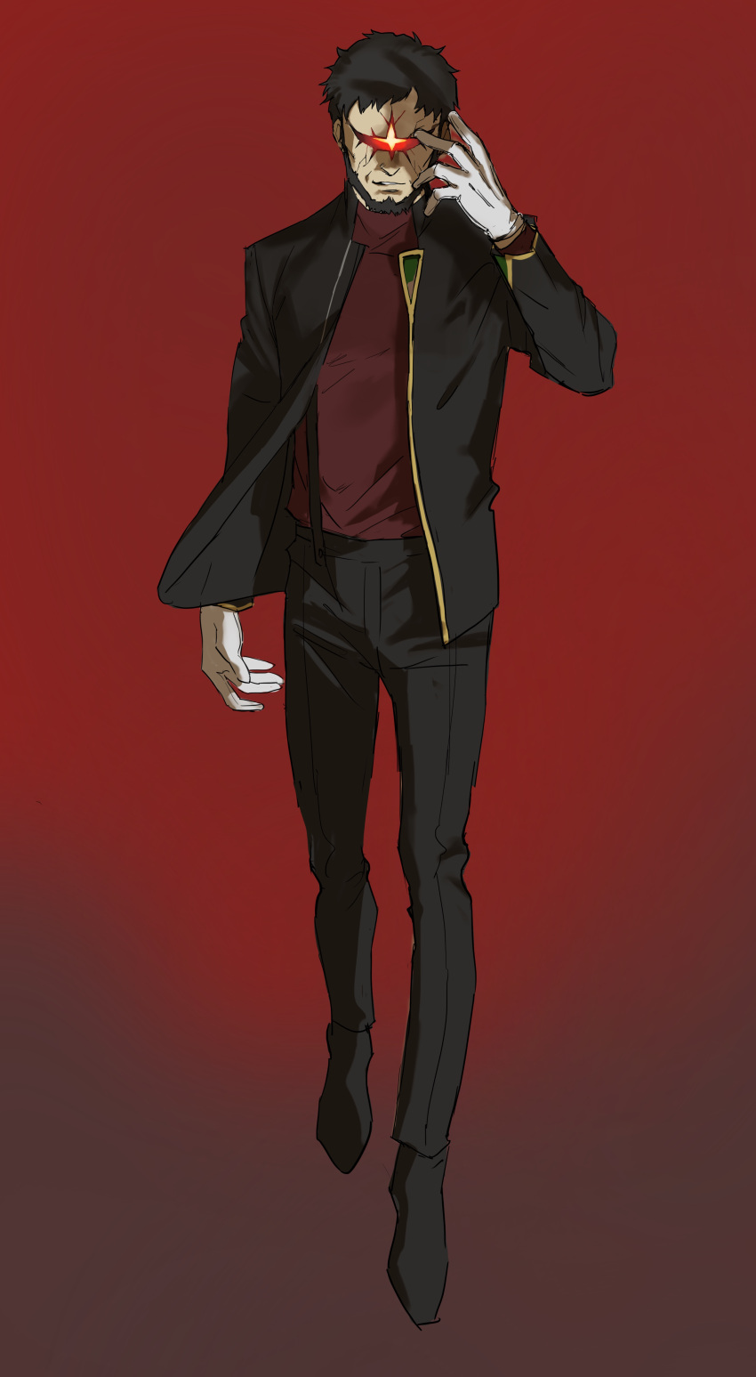 1boy, absurdres, beard, black_hair, black_jacket, black_pants, facial_hair, facing_viewer