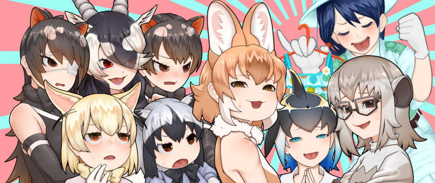 6+girls, animal_ears, antelope_ears, antelope_horns, aqua_eyes, australian_devil_(kemono_friends), bangs, bare_shoulders