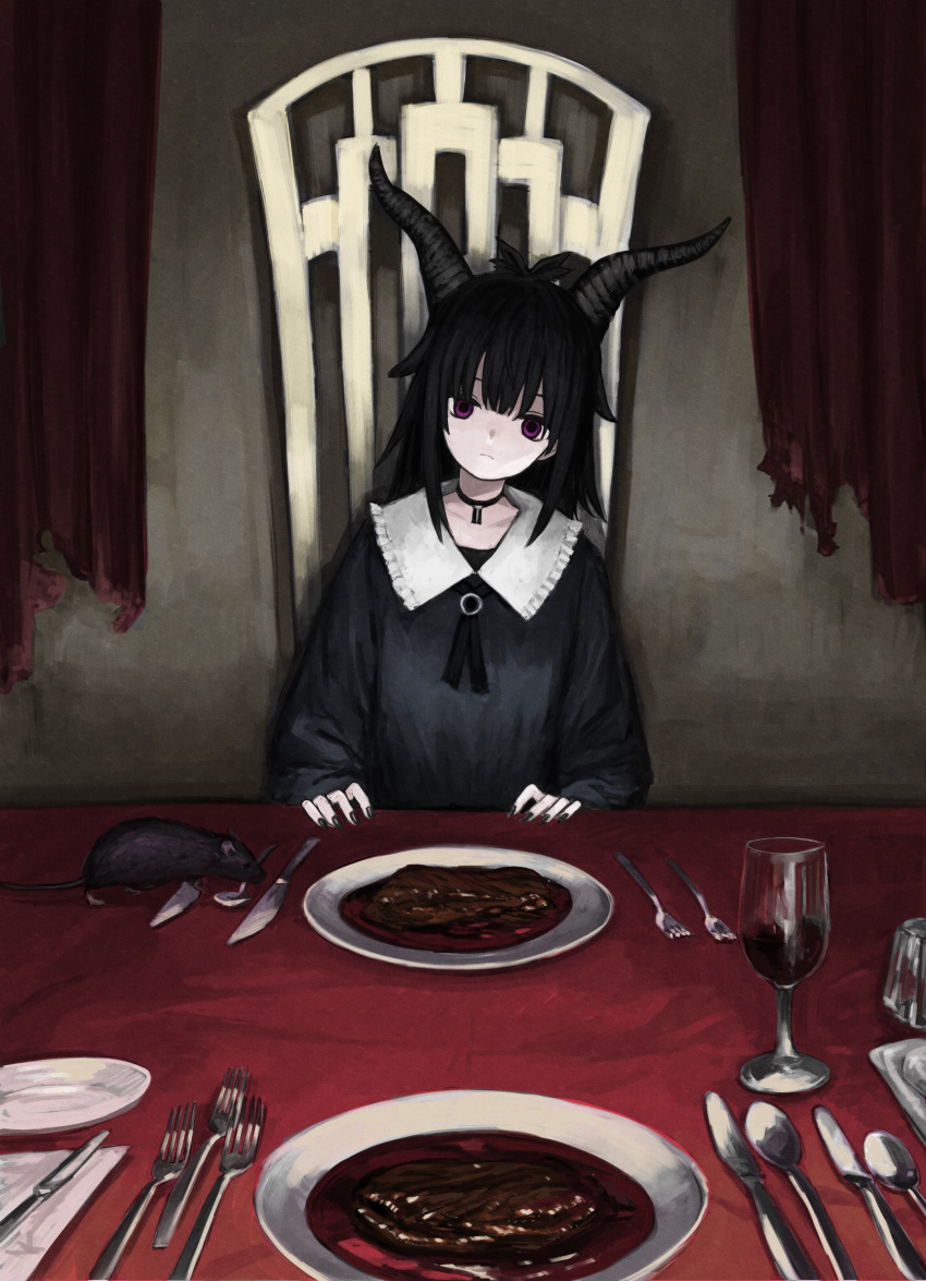 1girl, absurdres, animal, bangs, black_choker, black_hair, black_nails, black_neckwear, black_shirt, blunt_bangs, chair, choker, closed_mouth, cup, curtains, cutlery, demon_horns, dilated_pupils, drink, drinking_glass, expressionless, fingernails, food, food_request, fork, frilled_shirt_collar, frills, highres, horns, indoors, knife, long_fingernails, long_hair, long_sleeves, looking_at_viewer, original, pale_skin, plate, rat, red_curtains, shinamida, shirt, sitting, solo, spoon, straight-on, table, table_knife, torn_curtains, tray, violet_eyes, wine_glass