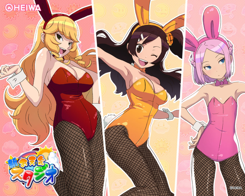 animal_ears, bare_shoulders, blonde_hair, bow, breasts, brown_hair, bunny_ears, bunny_girl
