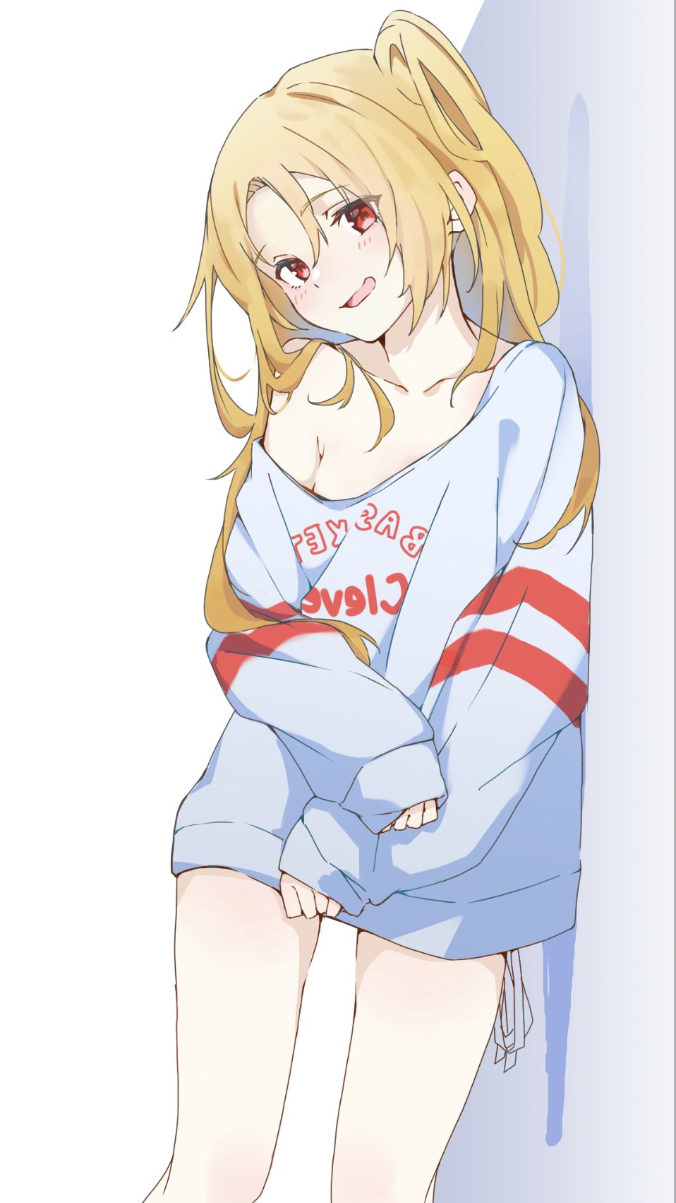 azur_lane, blonde_hair, blue_shirt, blush, breasts, bu4321, clenched_hands, cleveland_(azur_lane), collarbone, eyebrows_visible_through_hair, head_tilt, highres, long_hair, long_sleeves, looking_at_viewer, naked_shirt, open_mouth, oversized_clothes, red_eyes, shirt, simple_background, sleeves_past_wrists, small_breasts, smile, thighs, white_background