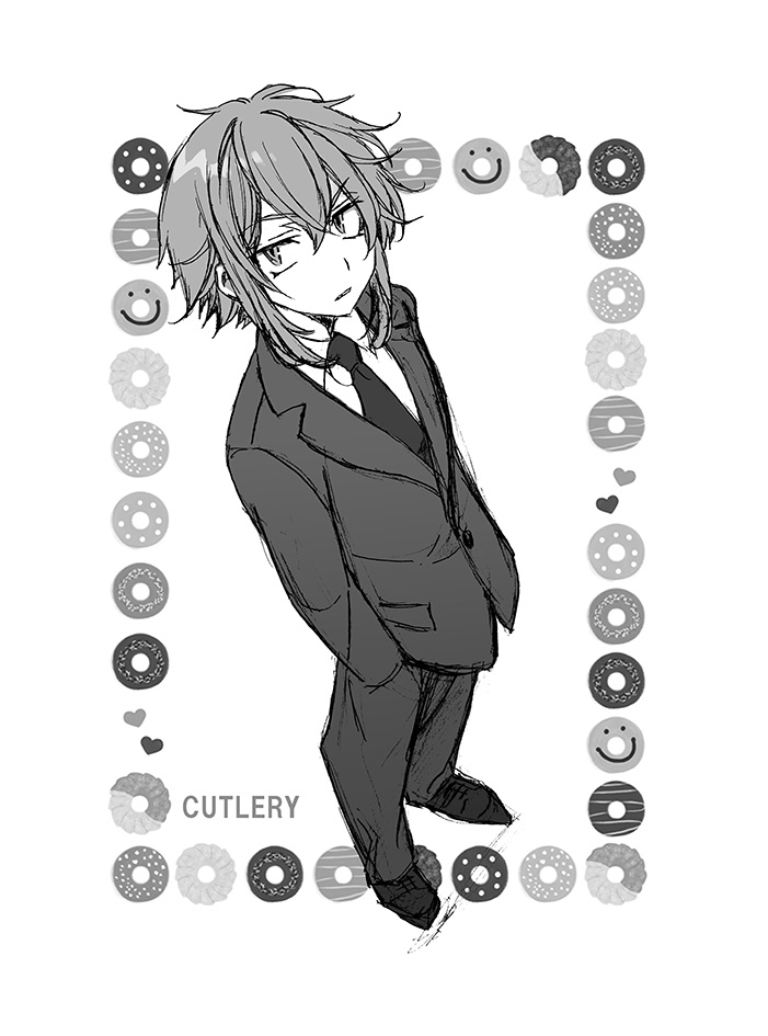 1boy, alternate_costume, character_name, cutlery_(senjuushi), formal, full_body, graphite_(medium), greyscale