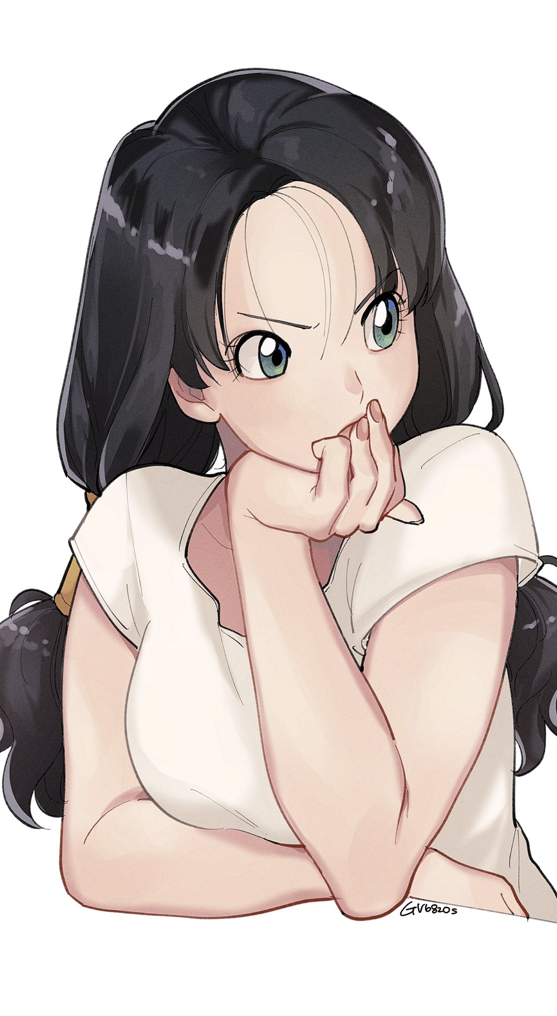 1girl, alternate_color, alternate_eye_color, arm_support, arm_under_breasts, bangs, bare_arms, black_hair