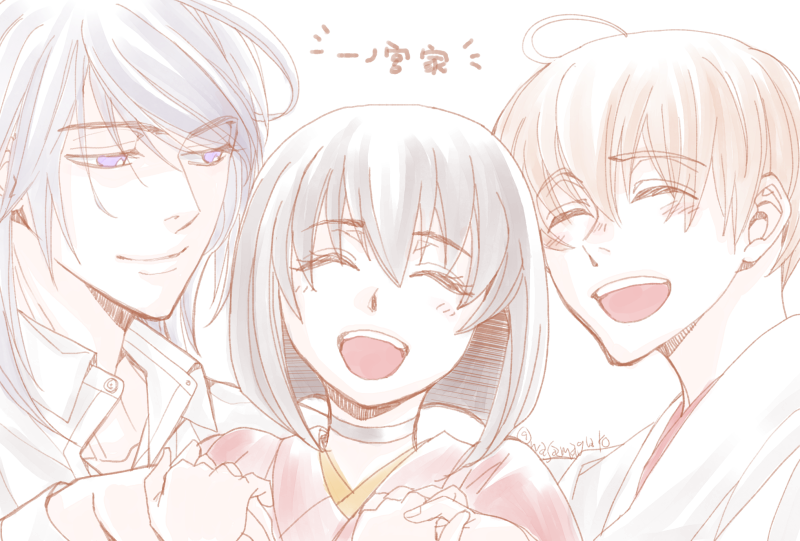 1girl, 2boys, ahoge, blush, choker, closed_eyes, happy, haruka_(tactics), higashiyama_kazuko, holding_hands, ichinomiya_kantarou, japanese_clothes, laughing, looking_at_another, multiple_boys, open_mouth, pale_color, smile, tactics, translated, twitter_username, youko_(tactics)