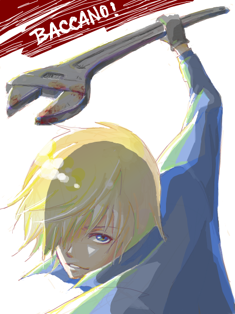 baccano!, blonde_hair, graham_spector, hair_over_one_eye, jumpsuit, male, solo, wrench