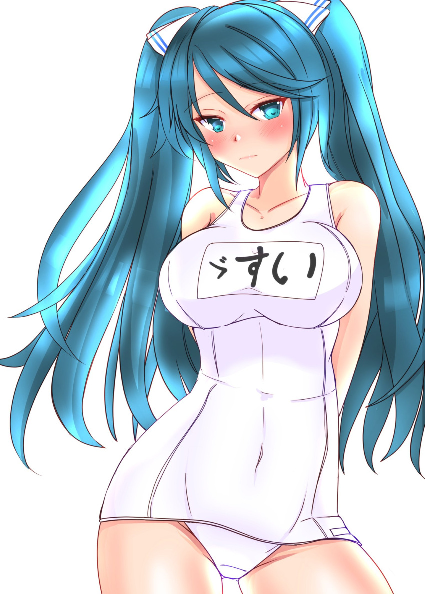 1girl, arms_behind_back, blue_eyes, blue_hair, breasts, commentary_request, cowboy_shot, highres