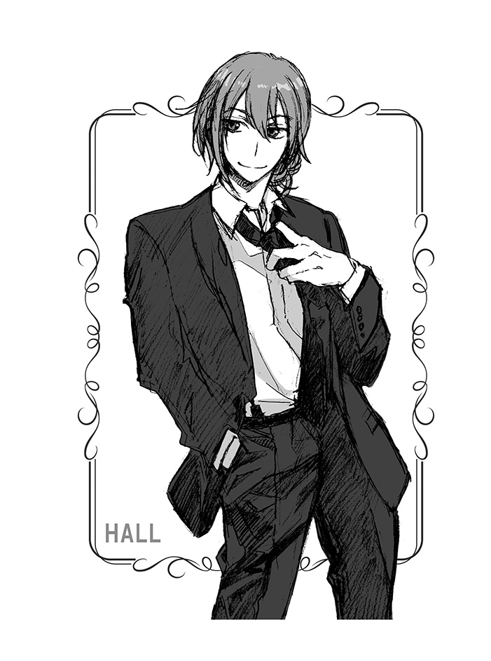 1boy, adjusting_clothes, adjusting_necktie, alternate_costume, character_name, formal, greyscale, hall_(senjuushi)