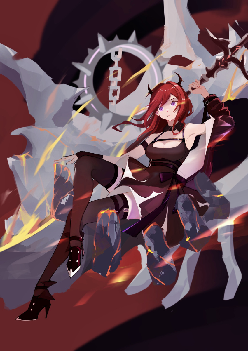 1girl, absurdres, arknights, black_dress, demon_girl, demon_horns, dress, ghosty_(xiaobai)