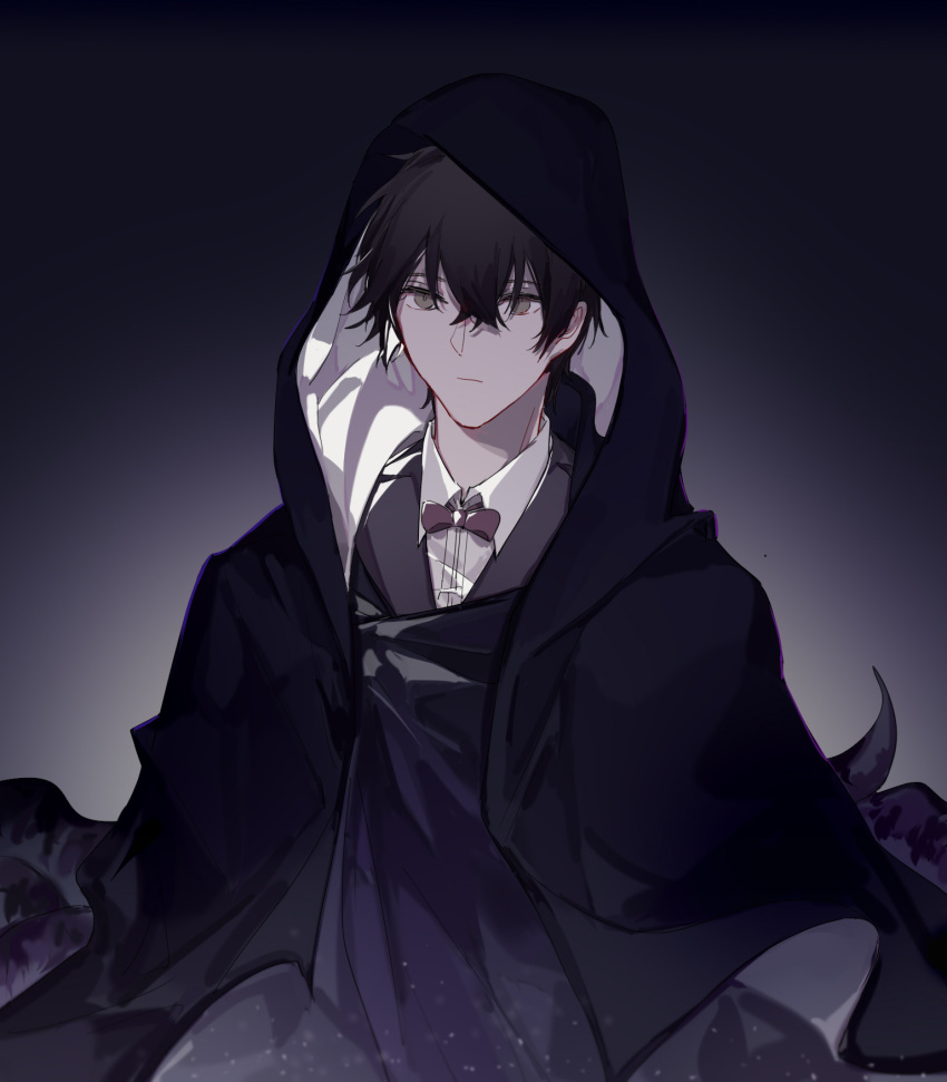 1boy, bangs, black_cloak, black_hair, black_jacket, bow, bowtie, brown_eyes