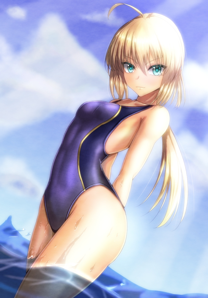 1girl, arms_behind_back, artoria_pendragon_(all), blonde_hair, blue_eyes, blue_sky, clouds, commentary_request, competition_swimsuit, cowboy_shot, day, dutch_angle, fate/grand_order, fate/stay_night, fate_(series), free_note017, green_eyes, looking_at_viewer, one-piece_swimsuit, outdoors, purple_swimsuit, saber, sky, soaking_feet, solo, standing, swimsuit, water