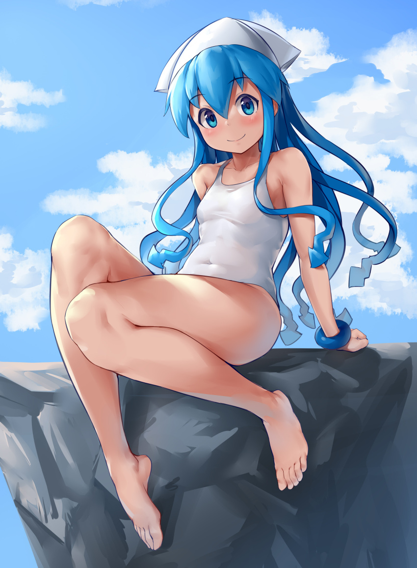1girl, absurdres, aomoro, bare_legs, bare_shoulders, barefoot, blue_eyes, blue_hair