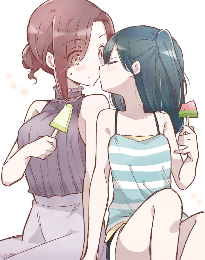 2girls, 66ta1yak1, age_difference, blue_hair, closed_eyes, commentary_request, eyebrows_visible_through_hair, eyes_visible_through_hair, food, hanamura_sayaka, hanamura_yuuki, highres, imminent_kiss, incest, mother_and_daughter, multiple_girls, popsicle, red_eyes, redhead, shirt, short_hair, simple_background, sitting, sleeveless, sleeveless_shirt, striped, striped_shirt, watermelon_bar, white_background, yuri, yuru_oyako