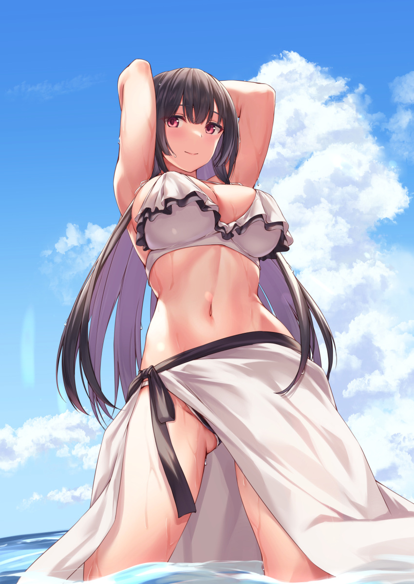 1girl, absurdres, arms_behind_head, bikini, black_hair, blue_sky, breasts, closed_mouth