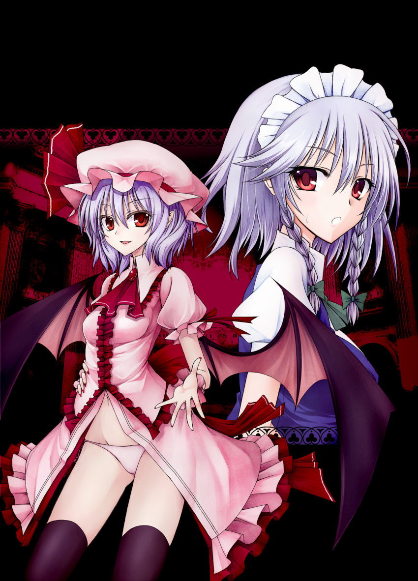 bad_id, bat_wings, braid, dress, hand_on_hip, hat, highres, izayoi_sakuya