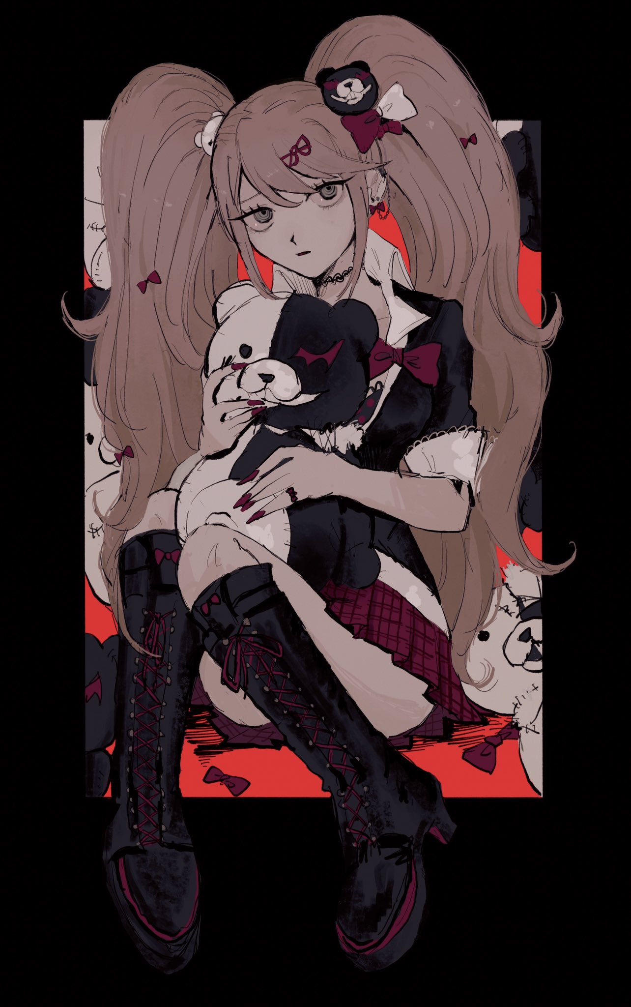 1girl, ass, bangs, bear_hair_ornament, black_background, black_choker, black_footwear, black_nails