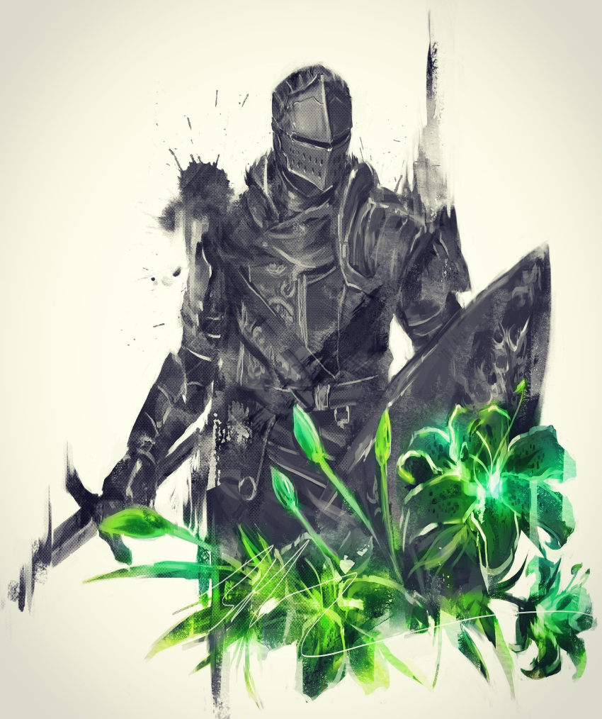 1girl, ambiguous_gender, anri_of_astora, armor, flower, full_armor, green_flower, green_theme