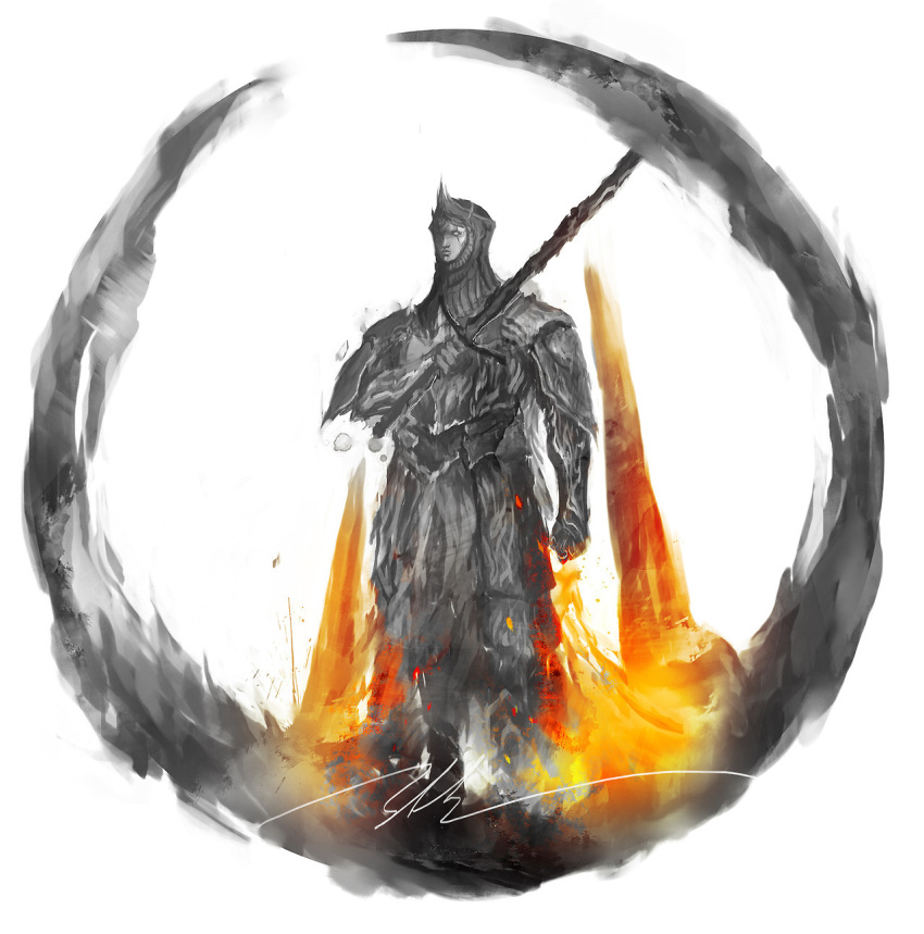 1boy, armor, burnt_ivory_king, commentary, dark_souls_ii, english_commentary, fire, full_armor