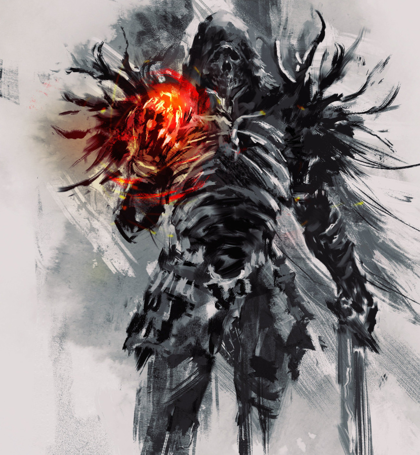 1other, armor, breastplate, dark_souls_i, darkwraith_(dark_souls), full_armor, hand_up, highres, holding, holding_sword, holding_weapon, hood, hood_up, pauldrons, red_theme, shimhaq, shoulder_armor, skeleton, skull, solo, souls_(series), standing, sword, weapon