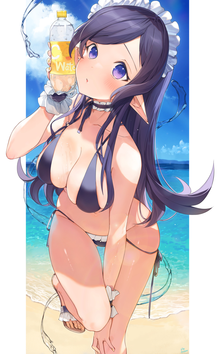 1girl, bare_arms, bare_shoulders, beach, between_legs, bikini, black_bikini, black_choker