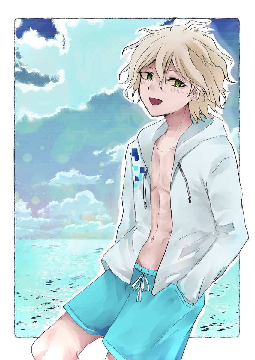1boy, bangs, beach, blonde_hair, blush, border, clouds, collarbone