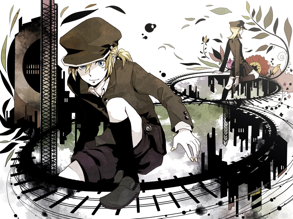 blonde_hair, blue_eyes, hat, kagamine_len, kagamine_rin, mozzu, peaked_cap, short_hair