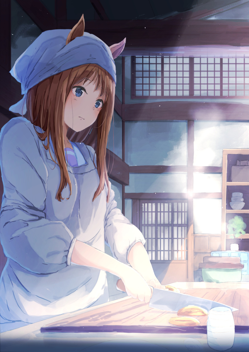 1girl, alternate_costume, animal_ears, blue_eyes, brown_hair, commentary_request, cutting_board, fukunaga_nagisa