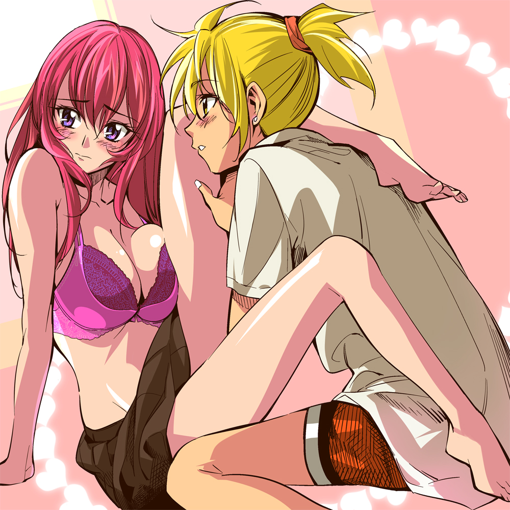 1boy, 1girl, barefoot, blonde_hair, blush, bra, breasts, couple, feet, heart, height_difference, hetero, kagamine_len, large_breasts, leg_lift, legs, lingerie, long_hair, megurine_luka, midriff, open_shirt, pink_hair, ponytail, purple_eyes, shy, skirt, snika, underwear, violet_eyes, vocaloid, yellow_eyes