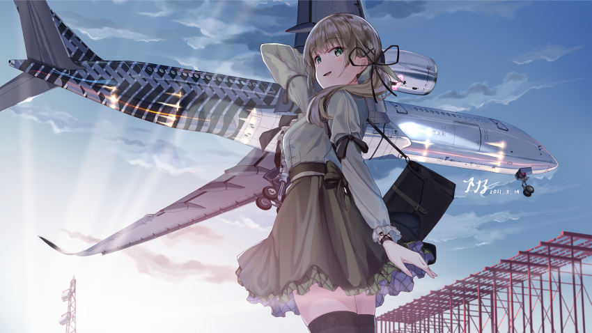 1girl, a350, aircraft, airplane, arm_behind_head, arm_ribbon, bag, bangs