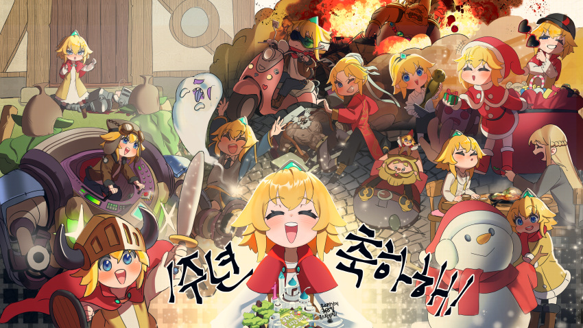 2girls, absurdres, blonde_hair, blue_eyes, christmas, closed_eyes, earmuffs, eating, explosion, future_knight, gift, glasses, ground_vehicle, guardian_tales, hair_ornament, hands_up, helmet, highres, holding, holding_weapon, huge_filesize, jiki_(gkdlfnzo1245), little_princess_(guardian_tales), looking_at_viewer, monster, motor_vehicle, motorcycle, multiple_girls, multiple_persona, multiple_views, open_mouth, red_scarf, robot, santa_hat, scarf, short_hair, smile, snowman, weapon