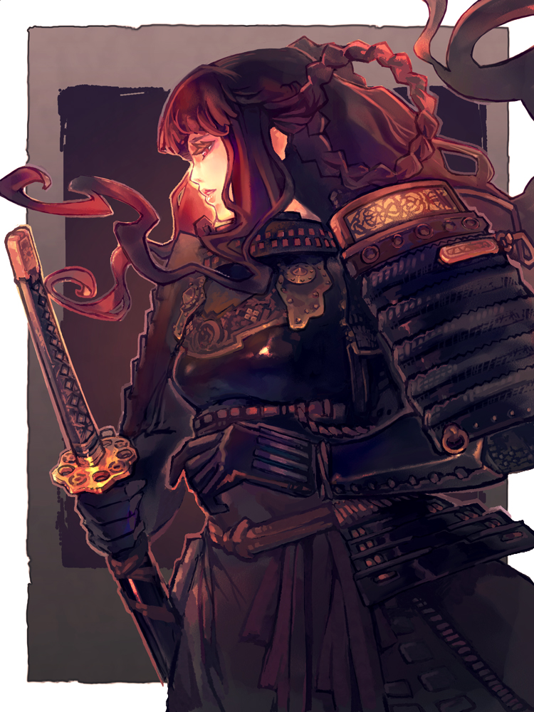 black_hair, breastplate, katana, kusazuri, lips, long_hair, original, profile, samurai, samurai_armor, sheath, sheathed, sode, solo, sword, weapon, yagi