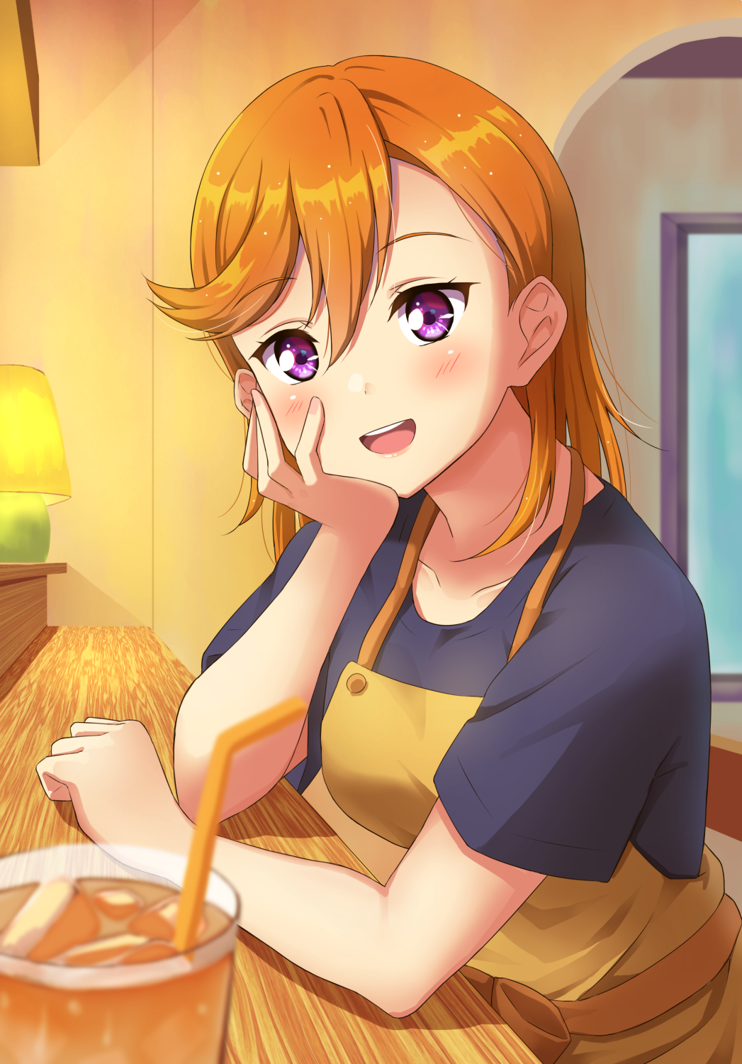 1girl, apron, arm_rest, bangs, black_shirt, blush, breasts, cafe
