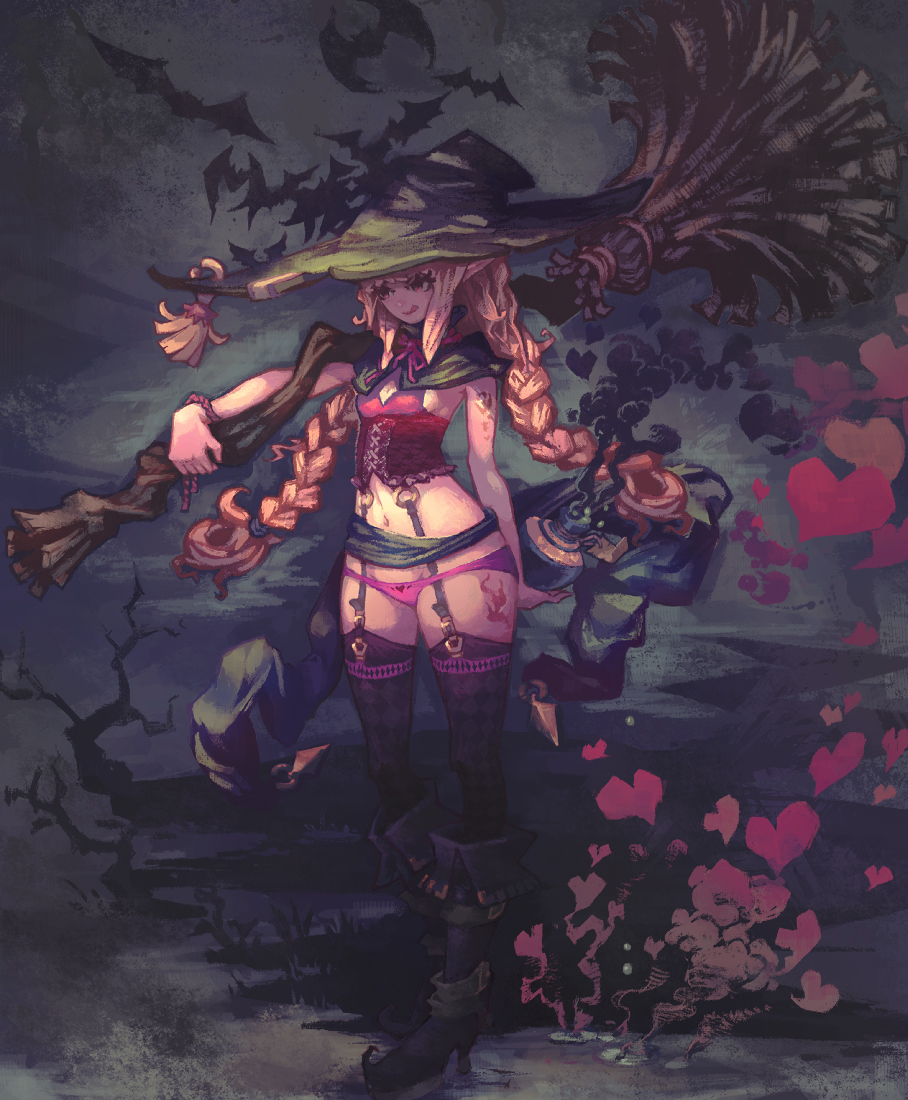 bat, blonde_hair, boots, bottle, braid, broom, corset, garter_belt