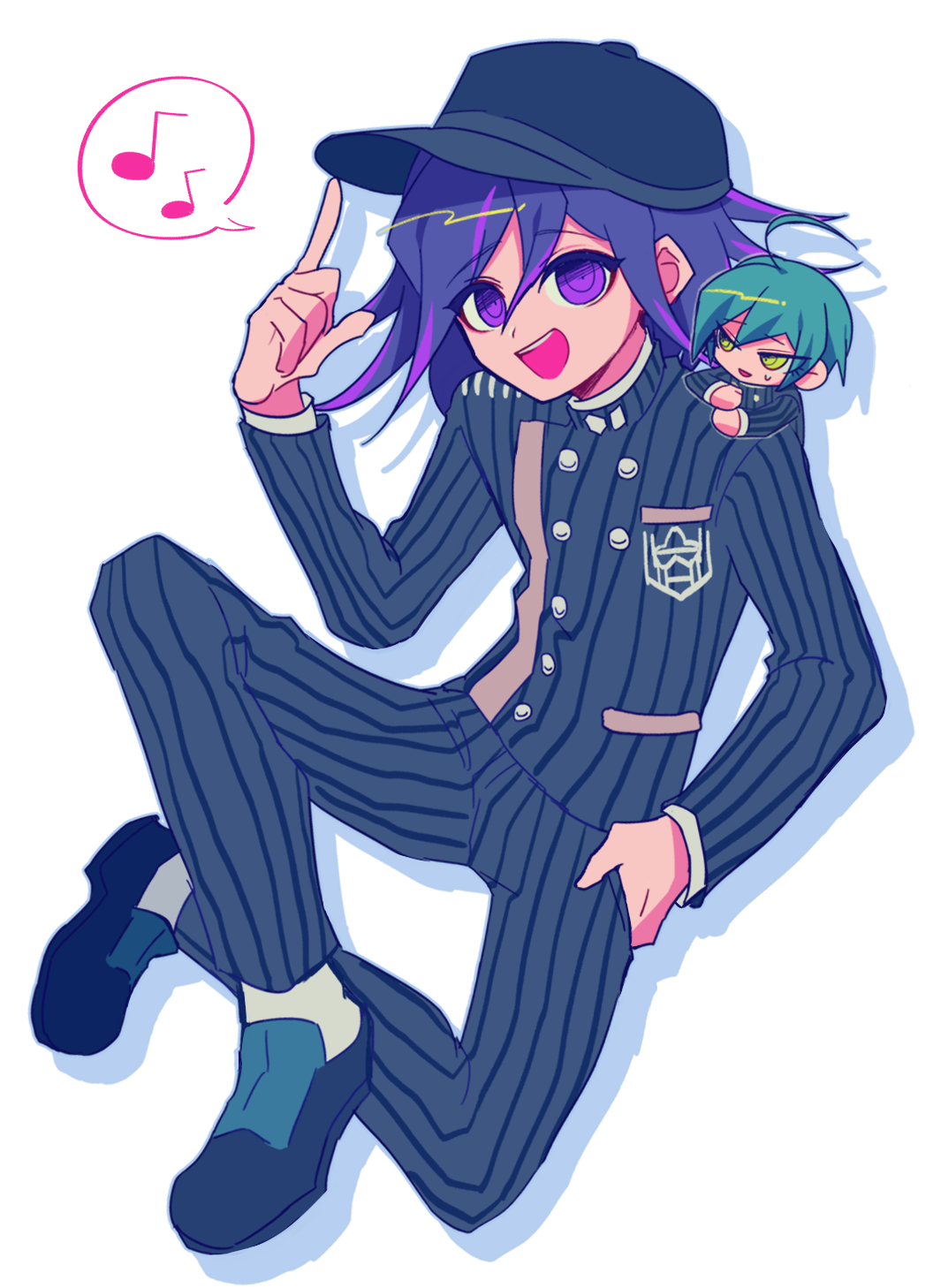 2boys, :d, ahoge, alternate_hair_color, bangs, black_headwear, black_pants, buttons