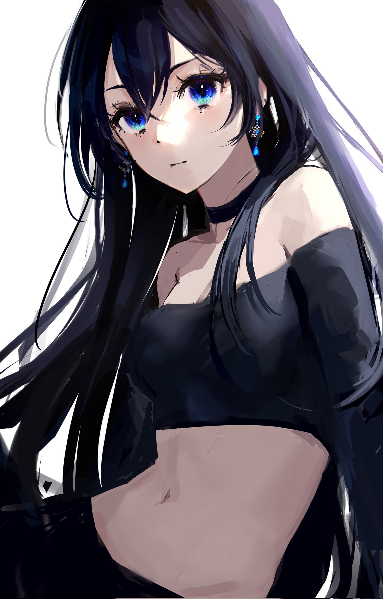 1girl, bare_shoulders, black_choker, black_hair, black_shirt, blue_eyes, breasts, choker