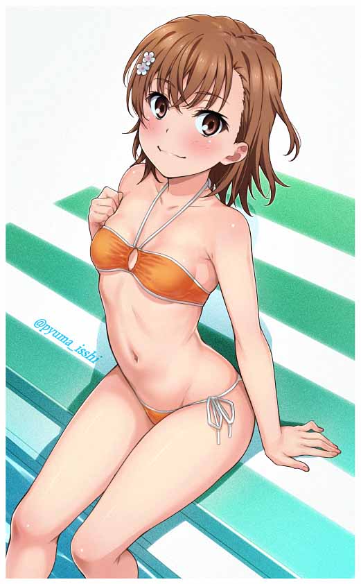1girl, alternate_costume, bare_arms, bare_legs, bare_shoulders, bikini, blush, breasts