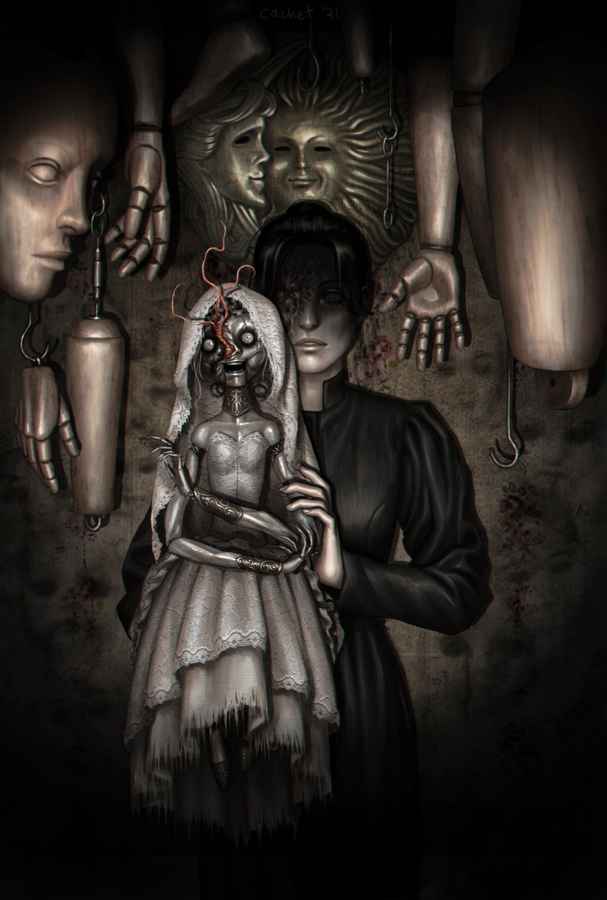 1girl, absurdres, angie_(resident_evil), black_dress, black_hair, bridal_veil, cachet, doll