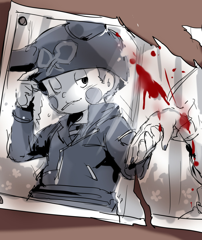 1boy, bangs, blood, blush, blush_stickers, broken_photo, cigarette, commentary_request, dangan_ronpa_(series), dangan_ronpa_v3:_killing_harmony, half-closed_eye, hat, highres, holding_hands, hoshi_ryouma, jacket, long_sleeves, looking_at_viewer, male_focus, mouth_hold, one_eye_closed, photo_(object), shirt, short_hair, sketch, smile, solo_focus, spot_color, striped, striped_shirt, suurin_(ksyaro), tree, upper_body, very_short_hair