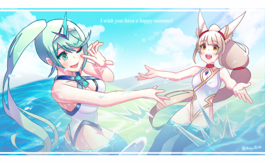 2girls, animal_ears, bangs, breasts, chest_jewel, facial_mark, green_eyes, green_hair
