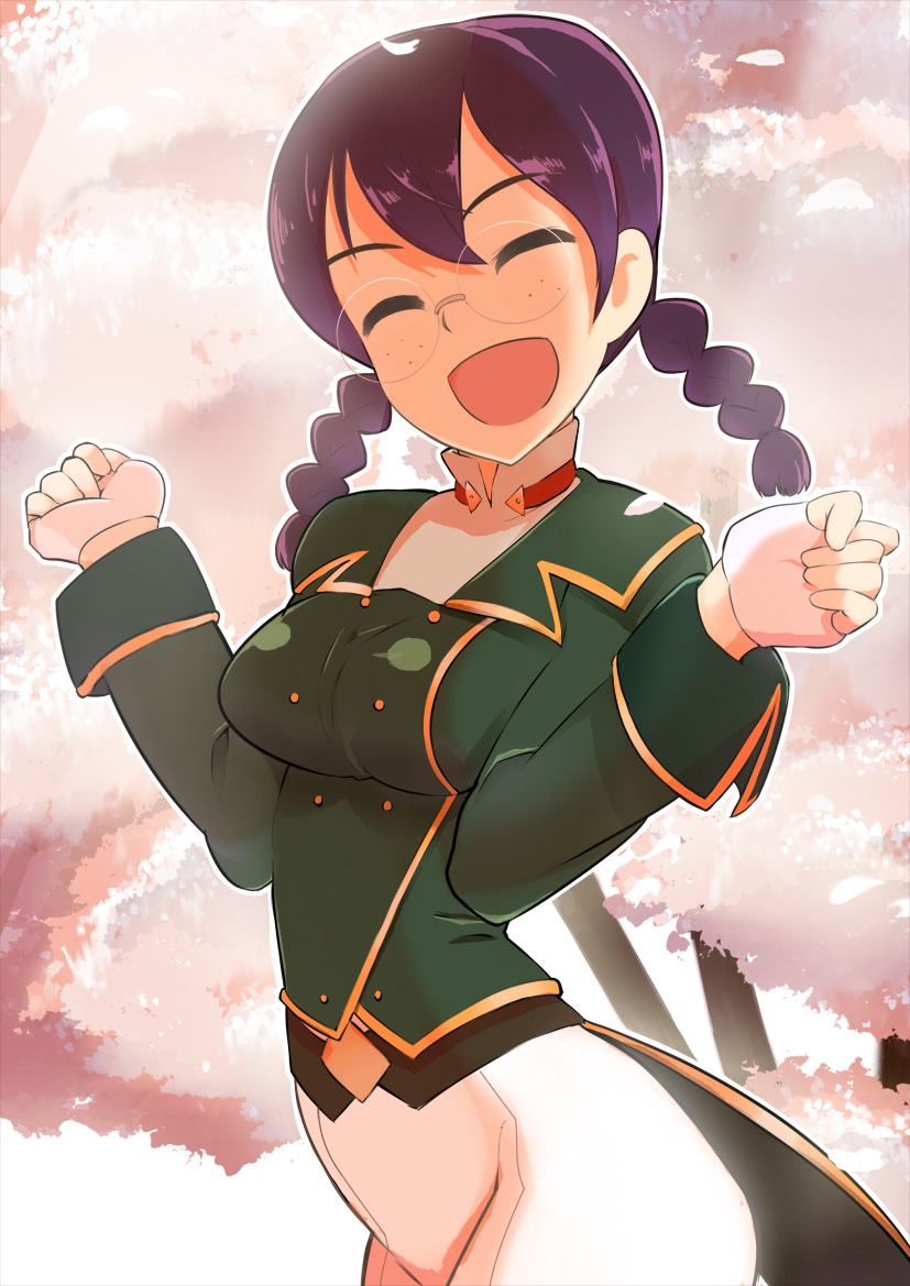 ^_^, at, braid, closed_eyes, freckles, glasses, open_mouth, ri_kohran, ri_kouran, sakura_taisen, skin_tight, solo, twin_braids, uniform