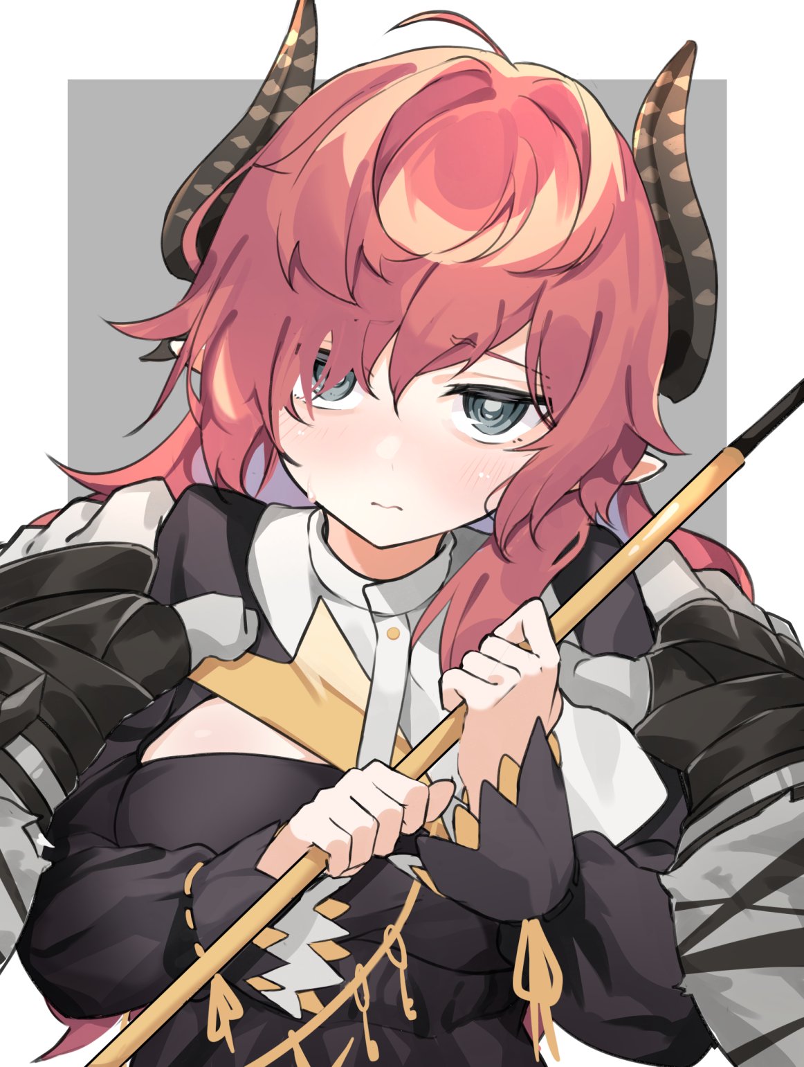 1girl, arknights, bangs, black_dress, blush, cleavage_cutout, closed_mouth, clothing_cutout