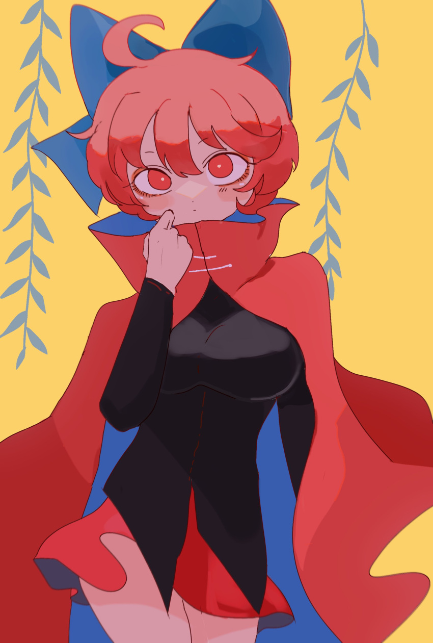 1girl, absurdres, ahoge, artist_request, bangs, black_shirt, blue_bow, blush, bow, breasts, bright_pupils, cape, check_artist, closed_mouth, comkdom, commentary_request, contrapposto, cowboy_shot, expressionless, eyebrows_visible_through_hair, hair_bow, hand_up, highres, looking_at_viewer, massakasama_(style), medium_breasts, orange_background, red_cape, red_eyes, red_skirt, redhead, sekibanki, shirt, short_hair, simple_background, skirt, solo, touhou, white_pupils