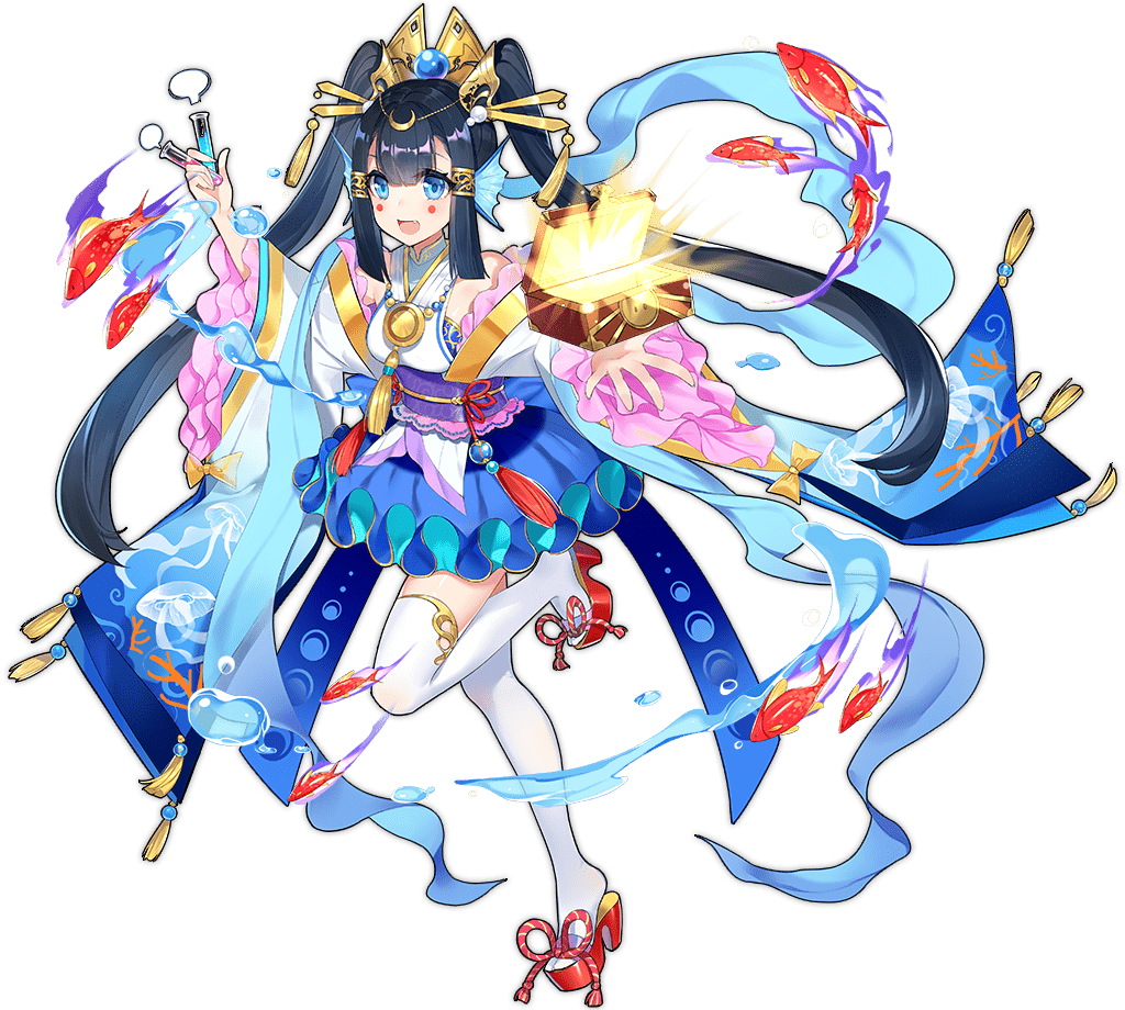 1girl, :d, ark_order, bangs, black_hair, blue_eyes, blue_skirt, blunt_bangs